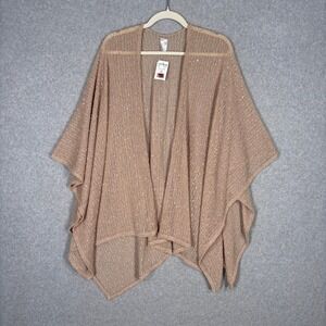 Open Knit Crochet Ruana Cardigan OS Tan Sequin Nubby Kimono Neutral Lagenlook